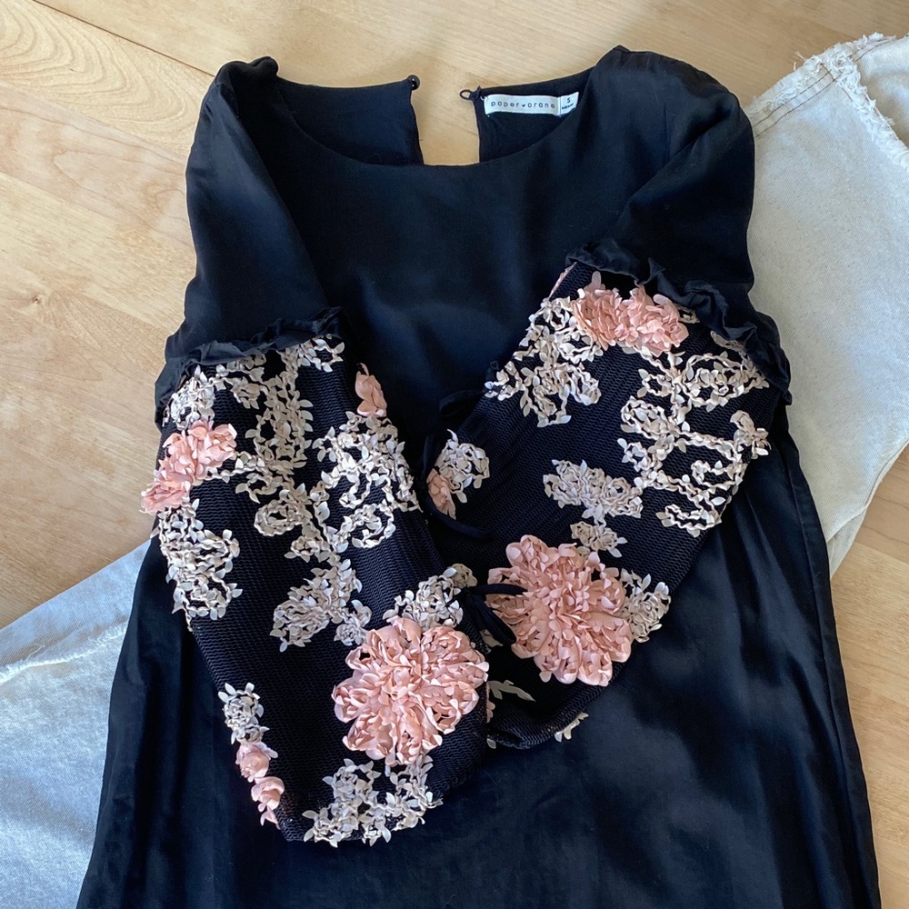 Paper Crane Black Dress with Pink Floral Sleeves